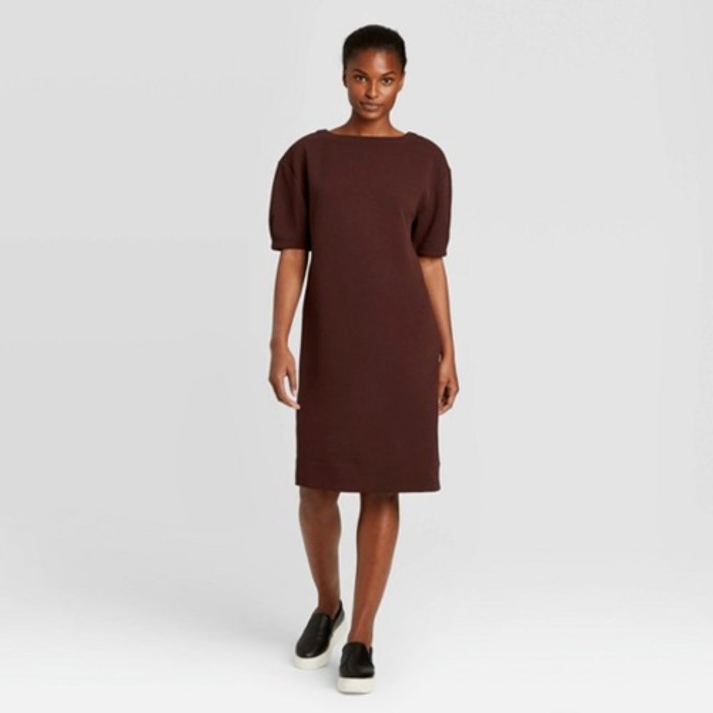 Textured Burgundy/Brown Puff Sleeve Dress - Picture 3 of 6